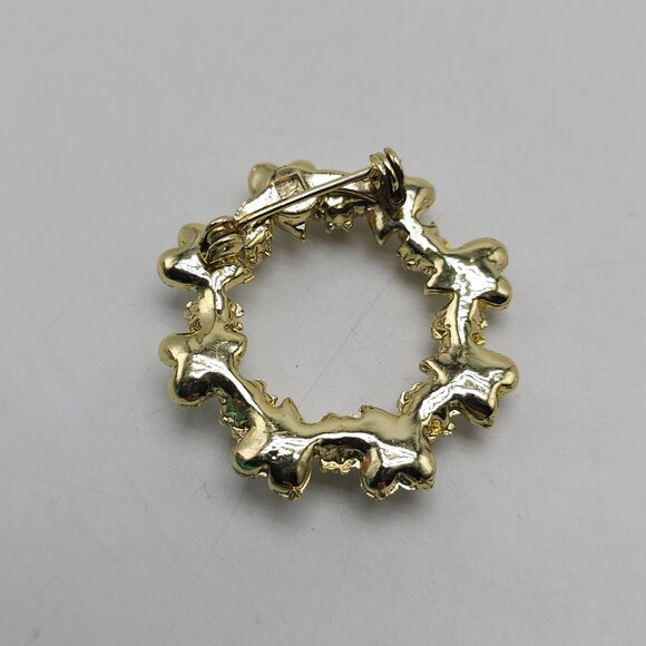 Vintage Gold Tone Heart Wreath Brooch With Faux Pearls Pink Rhinestones - Picture 3 of 4